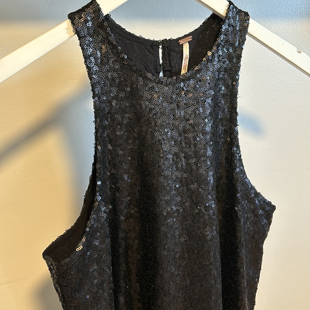 Free People black sequin liquid shine drop waist mini dress. - Picture 3 of 11